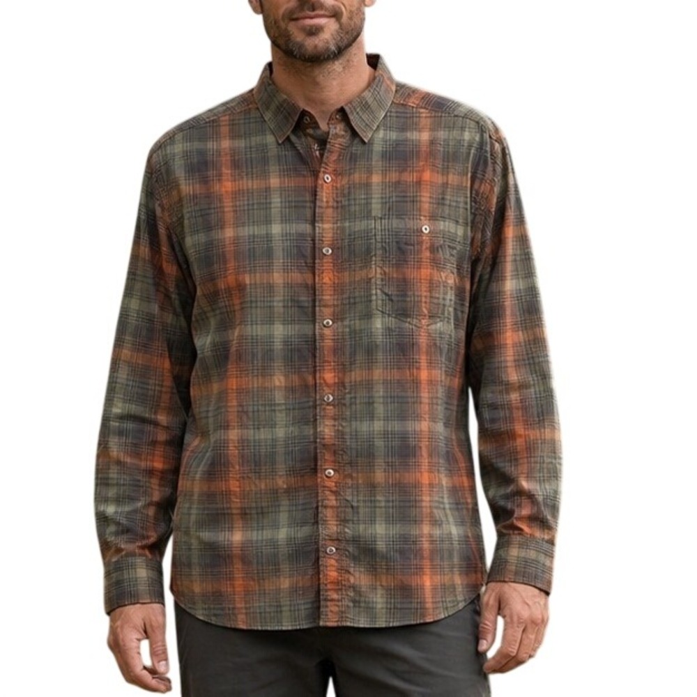 KUHL Response Lite Men XL Plaid Shirt Long Sleeve Polyester Green Orange Hiking